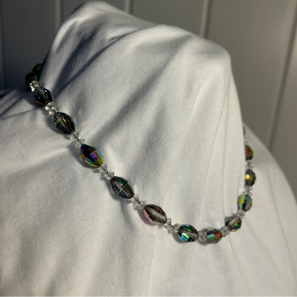 Vintage Choker Necklace Aurora Borealis Crystal Bead Smokey Iridescent Mcm 1950s